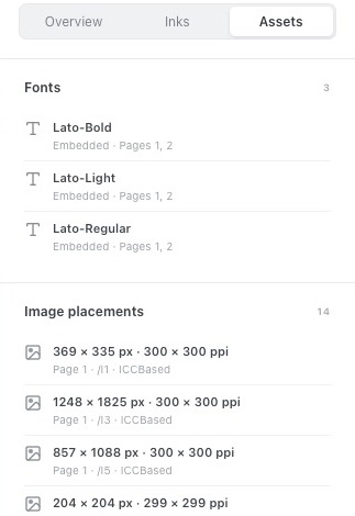 InkCheck Assets tab listing embedded Lato fonts and image placements with effective PPI
