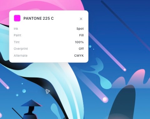 InkCheck's object inspector showing PANTONE 225 C, tint, paint type and overprint