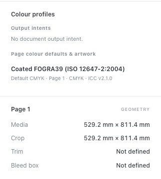 InkCheck showing a FOGRA39 profile and page box dimensions